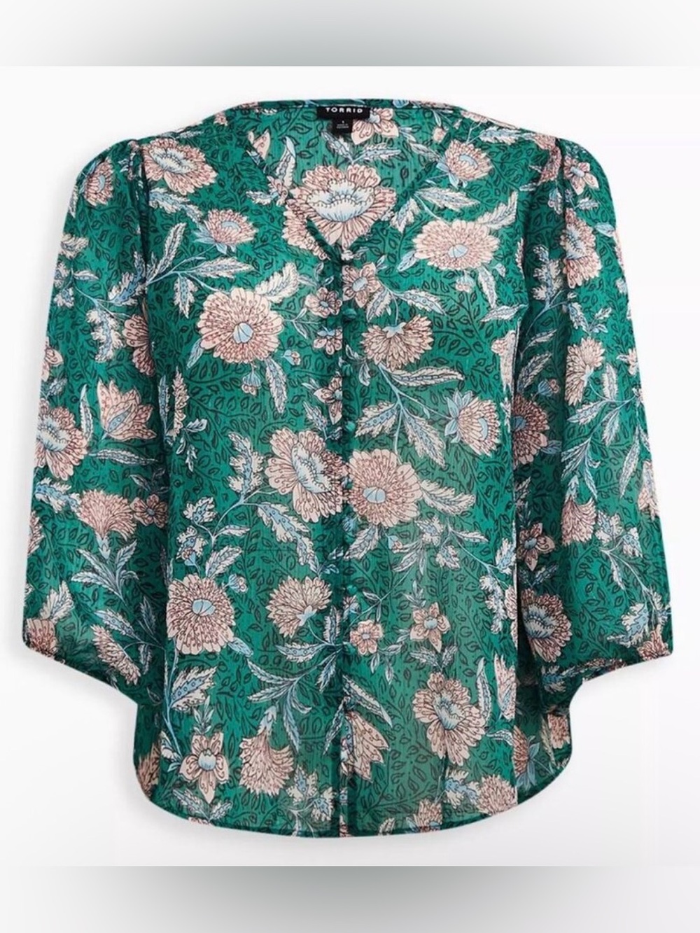 💚 Torrid Green Floral Chiffon Lurex Button-Up Floral V Neck Top
